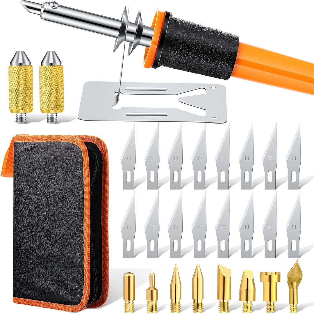 30 Pieces Electric Hot Knife Cutter Tools Multipurpose Knife Stencil Cutter Wooden Burning Tool with 2 Metal Stand, 16 Blades, 2 Chuck Sleeves for Cutting Carving Soft Thin Foam Cloth