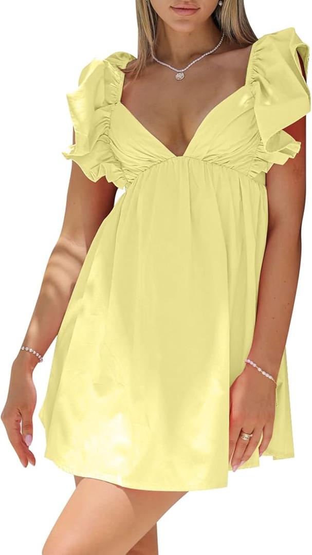 hibshaby Womens Sexy Deep V Neck Ruffle Sleeve Mini Dress Backless Lace Up Summer Dresses S, Yellow