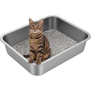 Large Stainless Steel Litter Box with High Sided, Metal Cat Litter Box, Odor-Free Non-Stick Litterbox Pan, Easy to Clean Pet Supplies Toilet Tray for Indoor Cats, Kittens or Multicat Homes (19.69"L x 13.78"W x 3.94"H)