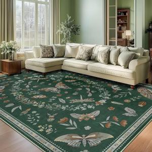 6x9 Butterfly Area Rugs for Living Room Low Pile Print Washable Rugs for Nursery Bedroom Colorful Insect Rugs Kids Room Soft Decor Water Repellent Non Slip Carpet Office Green