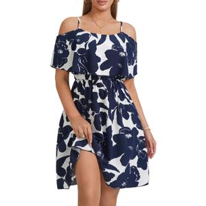 Off Shoulder Ruffle Dress for Women, A-Line Mini Dress with Belt, Fitted Bust Summer Wedding Guest Dress (Blue, M)