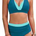BMJL Women's High Waisted Bikini Sets Tummy Control Swimsuits Two Piece Color Block Modest Bathing Suit (Deep Teal) S