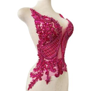 Handmade Rhinestone Applique Sewing Beads Stones Trim Patches for Skirt Accessories 15X22.4inches (Rose red)