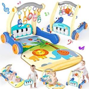 2 in 1 Baby Gym Play Mat with Walker, Kick and Play Piano Gym Activity for Boys Girls, Musical Activity Center Tummy Time Mat for 0-6-12-18 Months, Learning Walker Gym Gift for Infant Toddler (Blue)