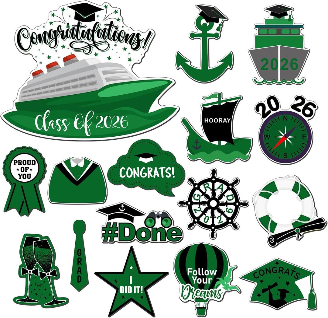 Hoteam 16 Pcs 2026 Graduation Cruise Door Decorations Magnets 2026 Congrats Grad Cruise Ship Door Decorations Cabin Doors Signs Fridge Magnets for Carnival Locker Refrigerator(Green)