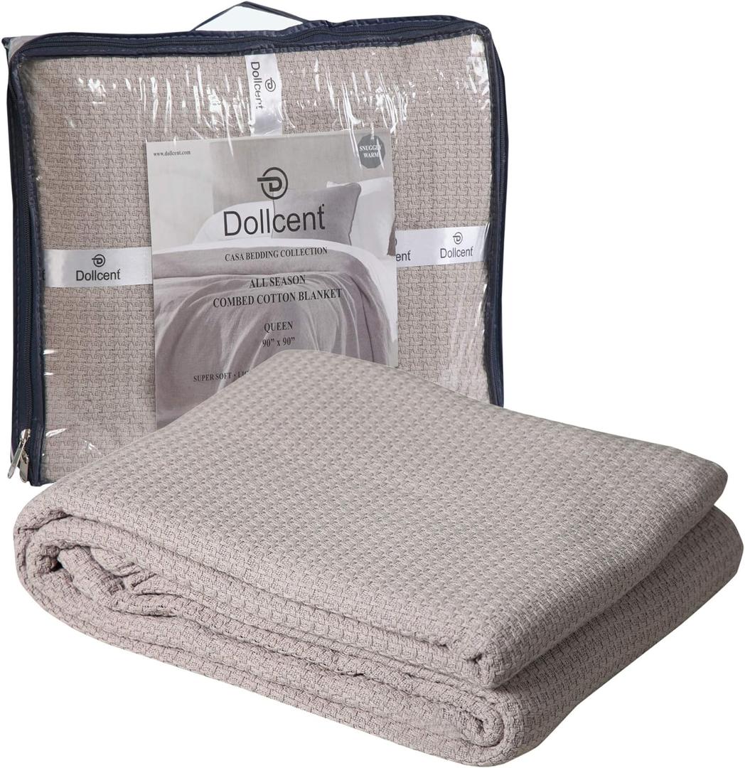 DOLLCENT 100% Soft Premium Combed Cotton Thermal Blanket Queen Blanket Soft Cozy Warm Cotton Blanket Bed Throw Blanket Queen Bed Blankets All Season Cotton Blankets Sand Queen Cotton Blankets (Queen (90"x90"))