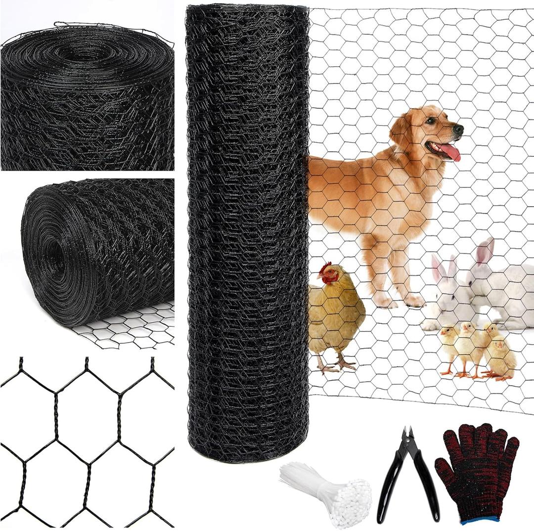 Black 19GA Chicken Wire 36inx150ft, Chicken Wire Fencing, Garden Fence, Metal Poultry Wire Netting, Galvanized PVC Coated Mesh for Animal/Rabbit/Floral/Chicken Coop/DIY Projects