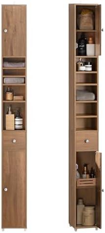 Haotian Bathroom Narrow Storage Cabinet Skinny Tall Unit with Adjustable Shelves Slender Anti-Tipping Floor Standing Cupboard, Natural BZR34-PF