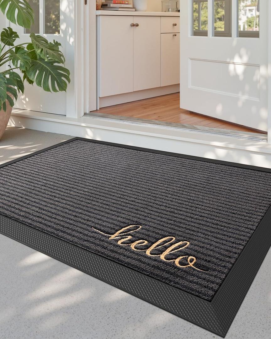DEXI Front Door Mat Outside Entrance, 31x47 Rubber Entry Doormat Heavy Duty, Non Slip Welcome Mats for Inside House Floor Entryway Exterior Patio, Hello Grey