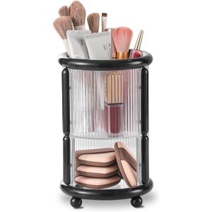 Makeup Brush Holder, 2 Tier Clear Cosmetic Tools Organizer, Round Makeup Organizer for Vanity Countertop (Black)