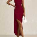 PRETTYGARDEN Women's Ruched Bodycon Dresses Summer Off Shoulder Asymmetrical High Split Elegant Cocktail Party Dress (Red, Large)