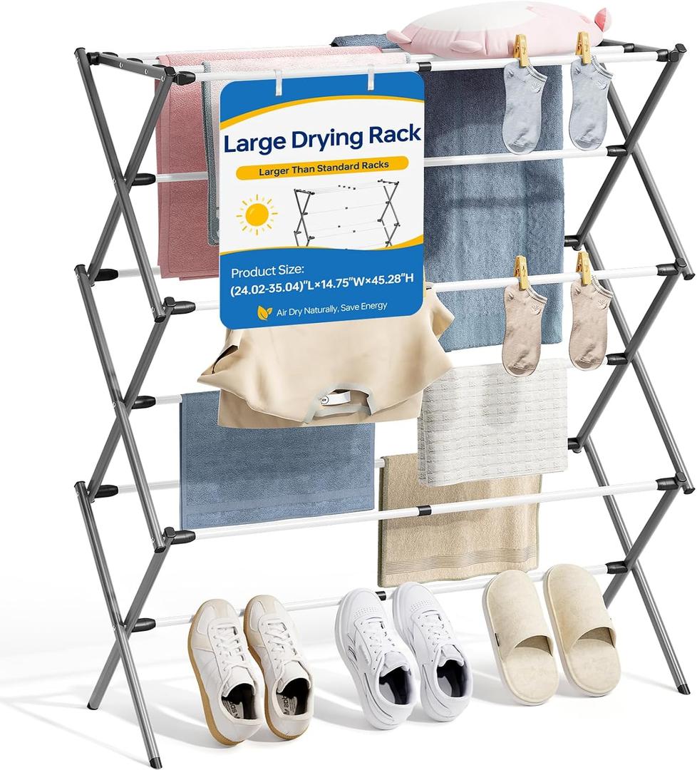 Oversized Clothes Drying Rack, 45.28" H × 14.57" D | Foldable & Extendable, Adjustable Size (24.49"-35.51"L), Space-Saving, Rust-Resistant Frame, Indoor/Outdoor Use, Grey White