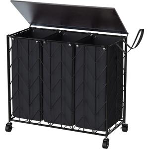 WOWLIVE Laundry Basket with Wheels, 142L Hamper 3 Section with Lid, Dirty Clothes Hamper with Removable Bags, Large Capacity Iron-Made Organizer Laundry Sorter for Dorm, Black