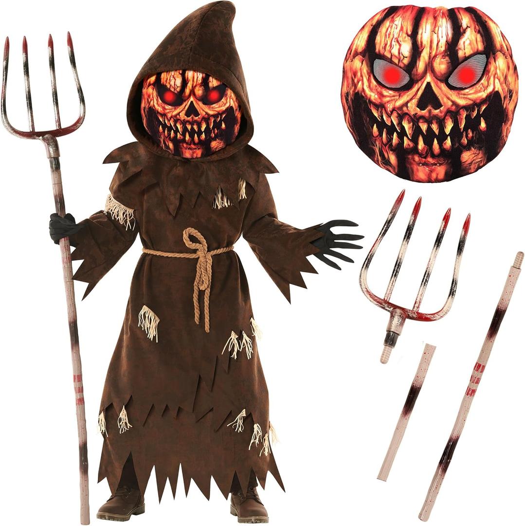 Morph Scary Pumpkin Costume With Pitchfork and Mask, Scary Halloween Costumes For Kids Pumpkin Costume Kids Reaper Costumes (Large)
