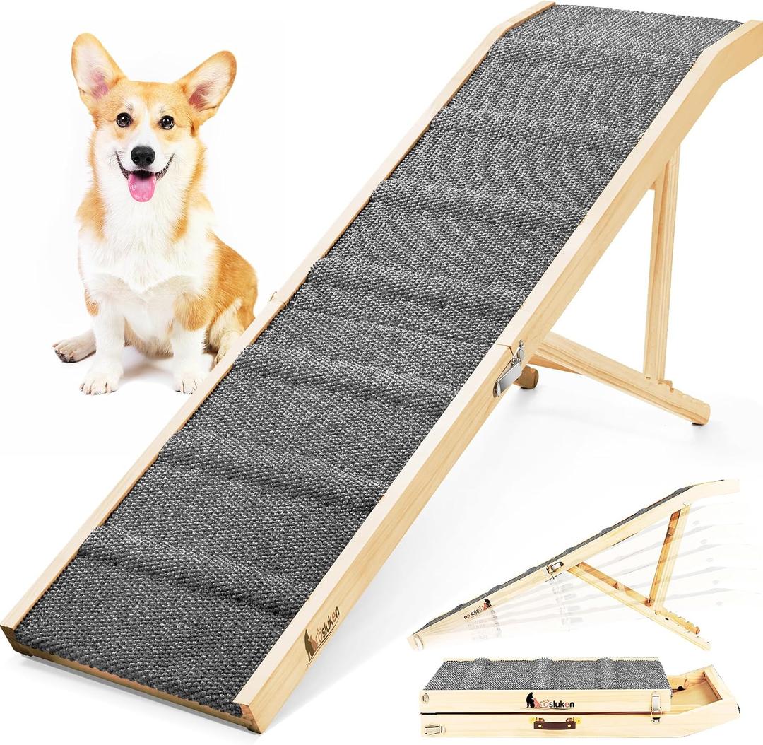 2026 Upgraded Dog Ramp for Bed, 64" Long Foldable Pet Ramp for Small Large Dogs, Dog Ramps for High Beds, High Traction with Platform 6 Adjustable Heights 24" to 30" Up to 220LBS, Gray