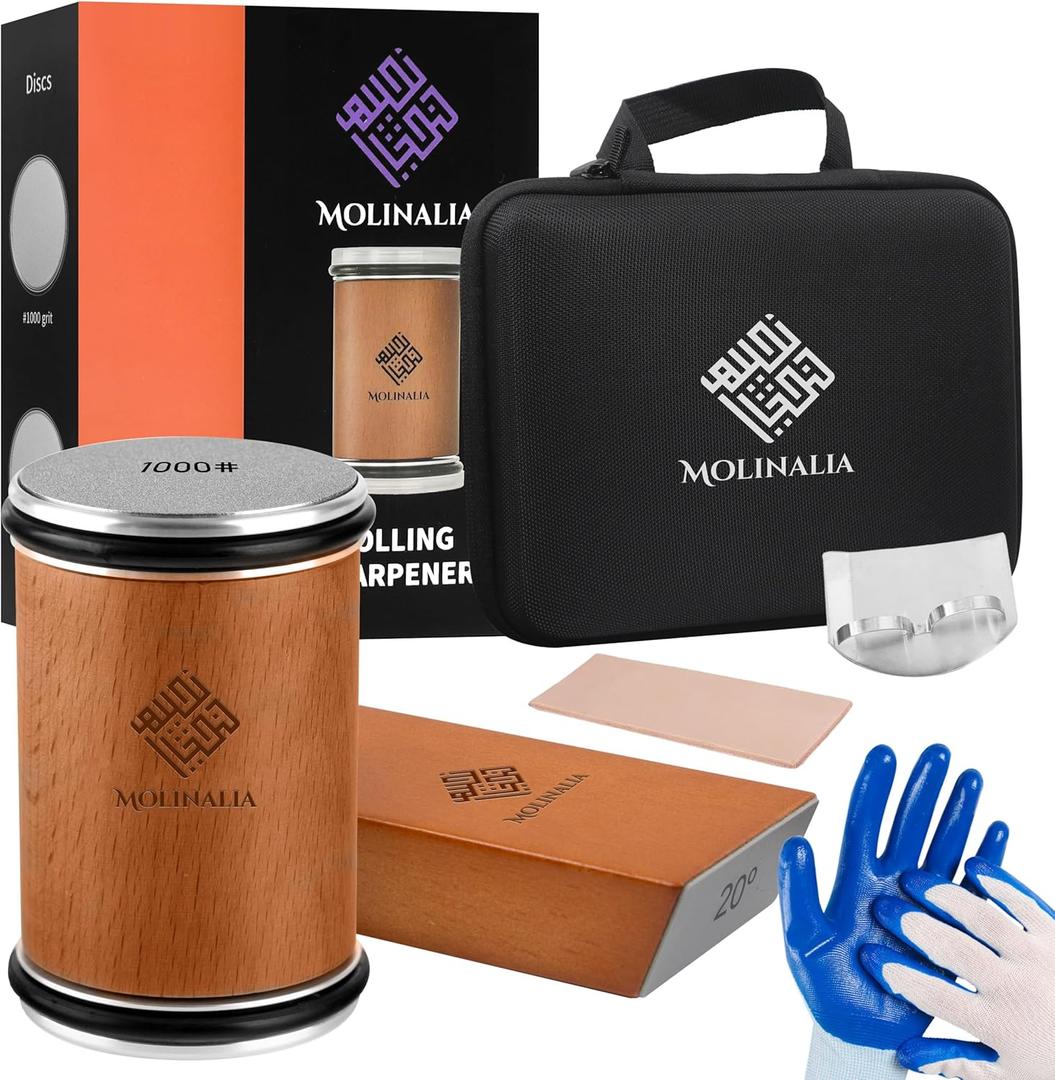 Multi Angle Rolling Knife Sharpener Tool w/Diamond & Ceramic Discs #1000/#3000, Knife Sharpening Kit having Finger Guard, Gloves & Travel Bag