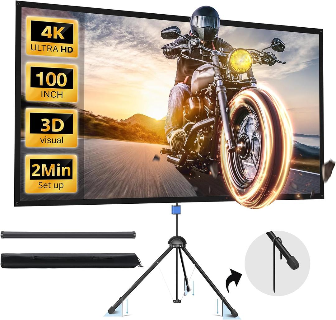Projector Screen with Stand, PARIS RHNE 100-inch Outdoor Indoor Projector Screen 16:9 4K HD PVC, 1.5 Gain Portable Wrinkle-Free Movie Screen for Home Backyard Theater with Carry Bag, Ground Nails