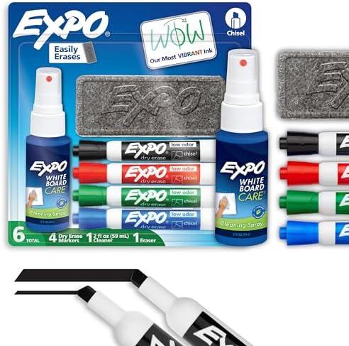 Pack of 4, EXPO Low Odor Dry Erase Marker Set with White Board Eraser and Cleaner Chisel Tip Dry Erase Markers Assorted Colors 6 Piece Set with Whiteboard Cleaner