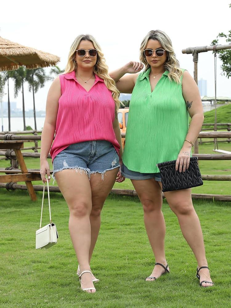 DOLNINE Womens-Plus-Size-Summer-Tank-Tops Dressy V Neck Collared Polo Shirts Casual Sleeveless Tunics Trendy Textured Blouses XL