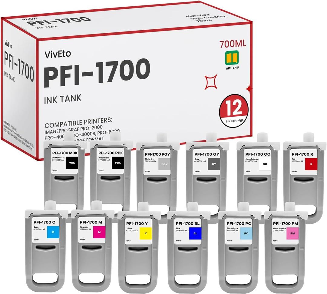 PFI-1700 Pigment Ink Tank 700ml with New Chip Replacement for Canon PFI-1700 Ink for imagePROGRAF PRO 2000 4000 4000S 6000 6000S Large-Format Printer, 12-Pack (MBK/PBK/C/M/Y/R/GY/B/PGY/PC/PM/CO)