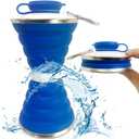 Collapsible Water Bottle, Camping Cup With Carabiner, Reuseable Silicone Foldable Leak Proof Portable Sports Travel Water Bottles For Outdoor, Travel Gym Hiking, BPA Free, Cycling Cups with Carabiner (Blue)