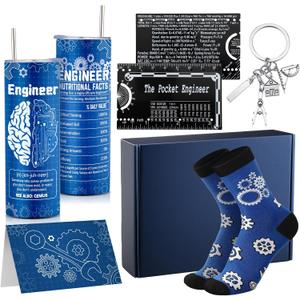 Geiserailie 6 Pcs Christmas Engineer Gifts Set for Men Include Tumbler Cup, Engineering Ruler, Socks, Keychain, Greeting Card, Gift Box for Mechanical Engineering Student Retirement Birthday Gift