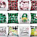 Preboun Set of 12 Holiday Pillow Covers 18 x 18 Inch Valentine's Day St. Patrick's Day Easter Love Heart Clovers Bunny Eggs Cushion Case Home Buffalo Plaid Pillow Case for Happy Home Decor(Cute)