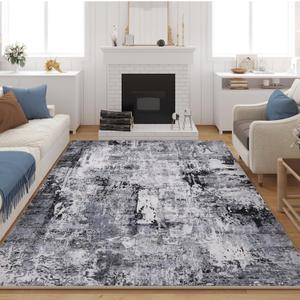 8x10 Rug Washable Boho Rug Soft Large Area Rug Non-Slip Non-Shedding Faux Wool Vintage Rug for Living Room, Farmhouse, Dining Room, Indoor, Kids Playroom, Grey and Black (8' x 10' (Rectangular))