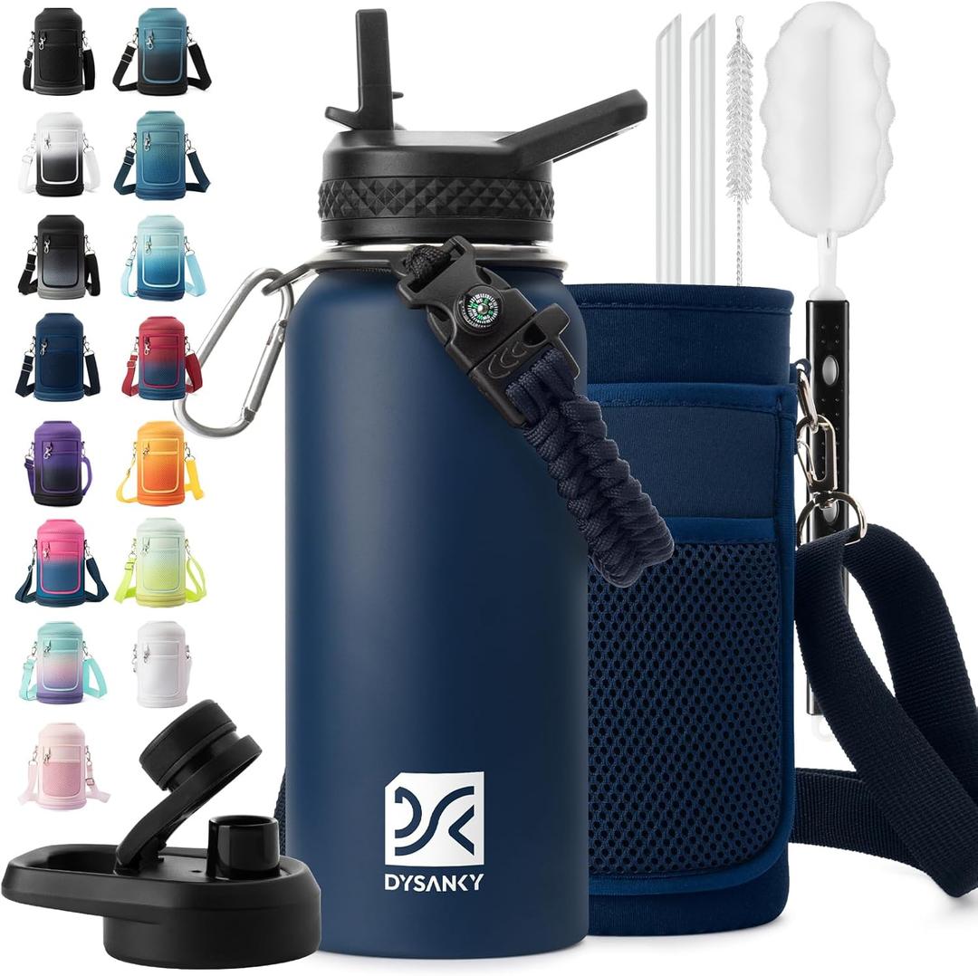 32 oz Insulated Water Bottle | Thickened Stainless Steel Vacuum Metal | Portable Sports Water Jug for Gym and Hiking with Straw, Carrier Bag, Handle Strap | BPA-Free 32 oz (Navy Blue)