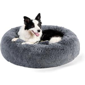 Bedsure Calming Dog Bed for Large Dogs - Donut Washable Large Pet Bed, 36 inches Anti-Slip Round Fluffy Plush Faux Fur Dog Bed, Fits up to 100 lbs Pets, Dark Grey