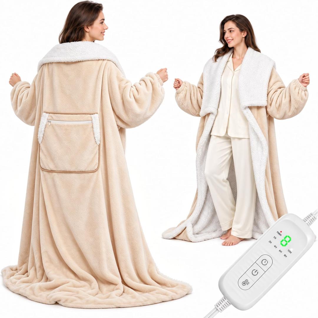 EAONE Wearable Heated Blanket with Foot Pocket, Beige, 59 x 70 IN