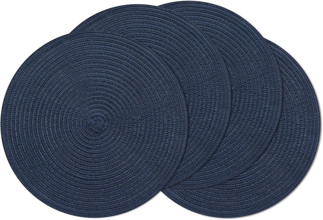 SHACOS Round Placemats Set of 4 Washable 15 inch Round Table Mats Cotton Polyester Woven Braided Place Mats for Dining Table, Navy