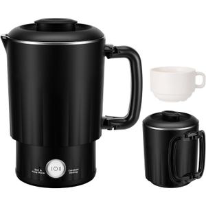 Portable Travel Electric Kettle, 600ML Small Water Kettle with Ceramic Cup, 304 Stainless Steel Water Boiler with Dual Power Control, Compact Design for Camping, RV, Business Trip & Hotel Stays, Black