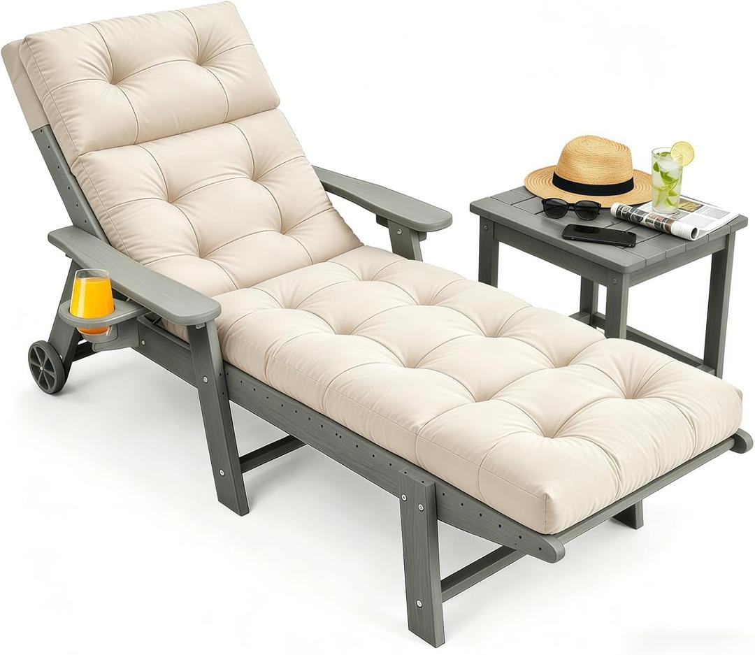 Outdoor Chaise Lounge Cushion, Waterproof 74.4x22x4.7 Inch Thick Cotton Filled Patio Lounge Chair Cushion with Ties, Replacement for Pool Lawn Balcony Furniture, Cream (Cushion ONLY)