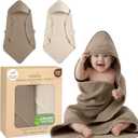 Organic Cotton Muslin Baby Hooded Towels - 32x32 Inch, 2 Pack Newborn Bath Towels for Boys & Girls, Soft & Absorbent Bath Set (Olive/Ivory)