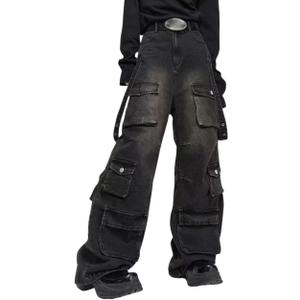POHADON Baggy Cargo Pants for Women Loose Fit Straight Wide Leg Denim Jeans Pants Y2k Emo Clothes Hip Hop Streetwear (XX-Large, Black)