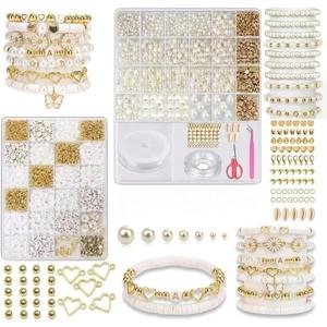 Usyios Pearl Bracelet Making Kit, 3300PCS White Pearl Beads for Jewelry Making, DIY Jewelry Supplies Set with Gold Charms for Bracelets Necklaces Earrings and Crafts, DIY Craft Gift