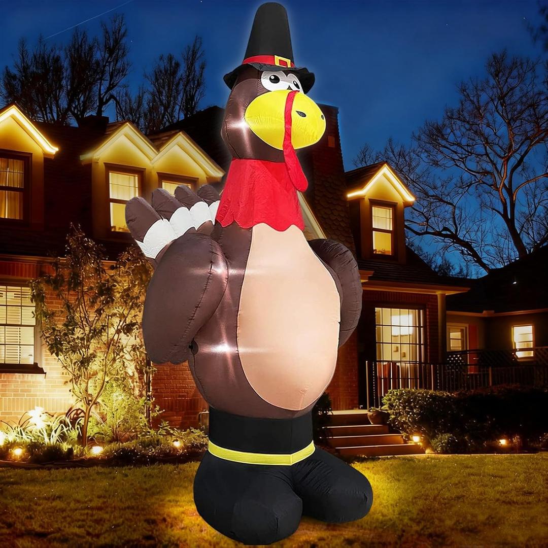 TURNMEON 12 Foot Giant Turkey Inflatables Fall Thanksgiving Decoration Outdoor with LED Lights 8 Stakes 4 Tethers 2 Weight Bags Blow Up Autumn Harvest Fall Decoration Outside Yard Garden Lawn Home