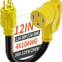 4 Prong 30 Amp to 50 Amp RV Generator Adapter Cord, NEMA L14-30 Twist Lock Male Plug to NEMA 14-50 Female Plug, 12 Inch(1 FT) 10 Gauge STW Power Cord, Max 30A 125V/250V, Yellow, ETL Listed