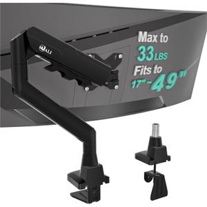 WALI Heavy Duty Single Monitor Arm for 17-49 Inch Flat Curved Ultrawide Screens, up to 33 Lbs, Adjustable Gas Spring Single Monitor Desk Mount for Home Office Gaming, VESA 75/100mm (GSM001XLN), Black