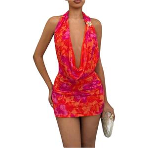 OYOANGLE Women's Sexy Deep V Halter Dress Floral Bodycon Mini Dresses Sleeveless Party Club Outfit, Red, Small