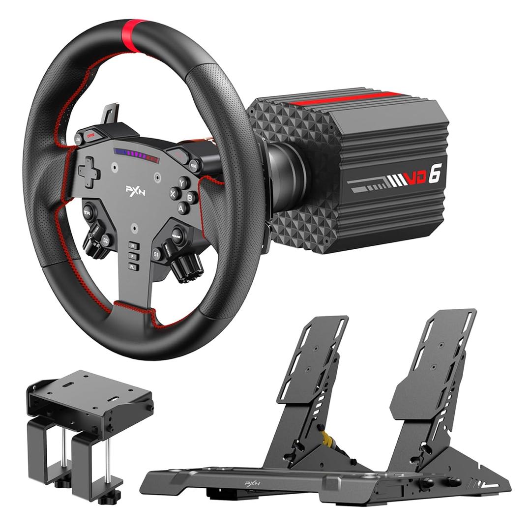 PXN Direct Drive Racing Wheel, VD6 Bundle - 6Nm Force Feedback, Servo Motor Base, 11-inch Gaming Steering Wheel, Hall Effect 2-Pedal, Desk Clamp - PC Sim Racing Bundle for Windows 7-11