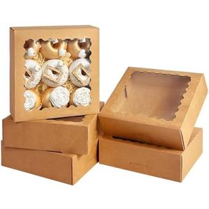 Bakepacker 36pcs Brown Pie Boxes 9x9x2.5 inches Easy Assemble Macaroon Cookie Boxes Bakery Boxes with Window for Bakery (Auto-pop Up)