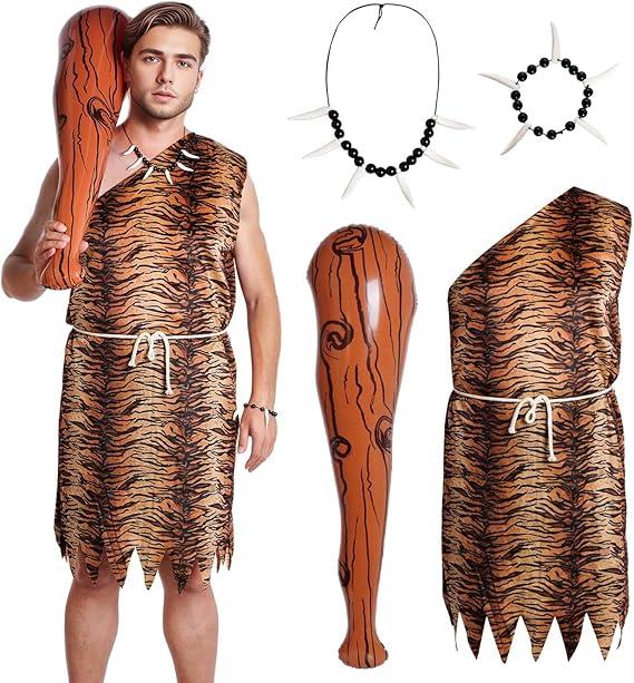 Halloween Caveman Costume Jungle Necklace Tooth Bone Bracelet Inflatable Cave Bat Caveman Stick for Women Men Cosplay