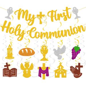 My First Holy Communion Banner Religious Celebration Hanging Swirls Decorations My Baptism Christening God Bless Theme for Kids Boy Girl First Holy Communion Party Supplies