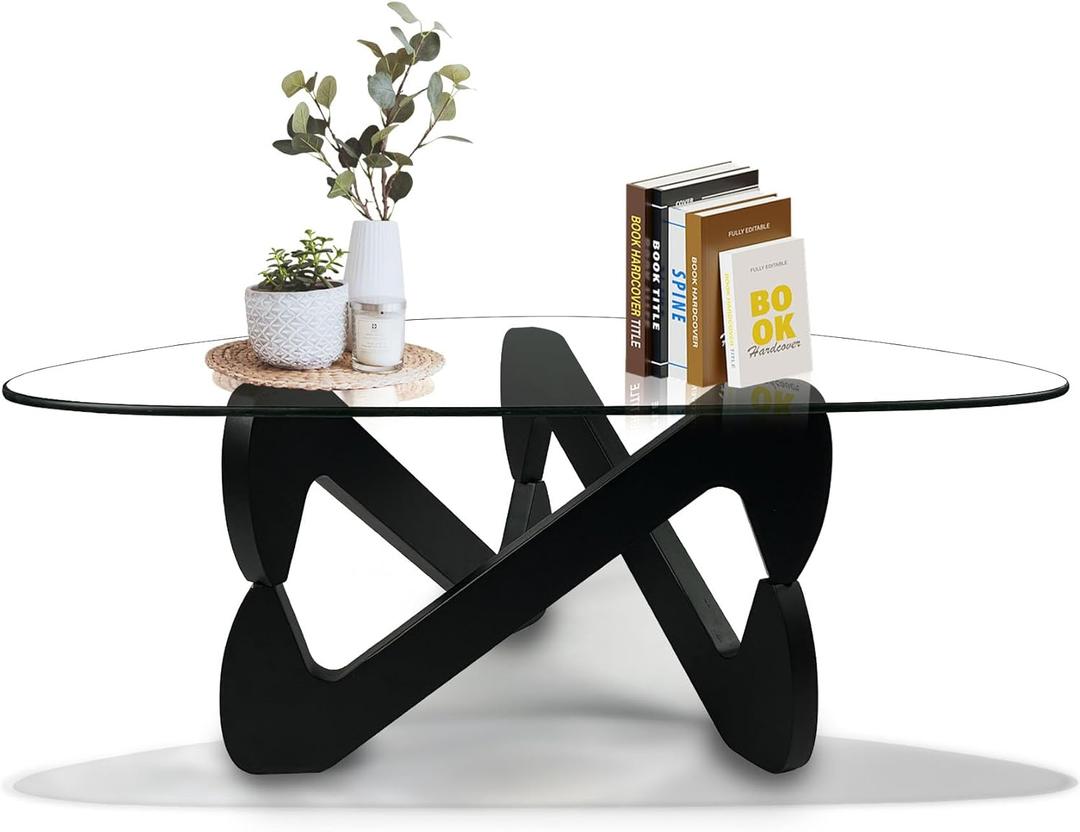 Triangle Glass Coffee Table Mid Century Modern Coffee Table Low Living Room Tables with Black Wood Base Clear Coffee Table for Living Room(Black-Transparent, 32.3)