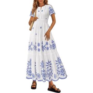 PRETTYGARDEN Summer Dresses for Women 2026 Floral Boho Maxi Spring Casual Short Sleeve V Neck Elastic Waist Dress Pockets (White Blue Flower, X-Large)