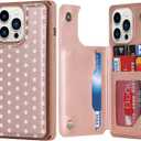Cavor for iPhone 13 Pro Max Wallet Case with Card Slots Holder,Polka dots PU Leather [Kickstand Feature][Wrist Strap] Double Magnetic Clasp Shockproof Flip Phone Cover - Rose Gold