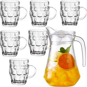 Glass Pitcher 1.2 Liter with Lid Drinking Glasses Set 6 Cups 300ML Water Jug for Hot Cold Water Coffee Milk Juice Iced Tea Pitcher Glassware Carafes Pitchers Water Glasses Handle for Liquid