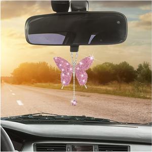 Bling Butterfly Car Accessories, Crystal Rhinestone Vehicle Rear View Mirror Charms, Lucky Diamond Auto Interior Hanging Ornament Pendant for Women Girls, Universal for Most Cars (Pink)